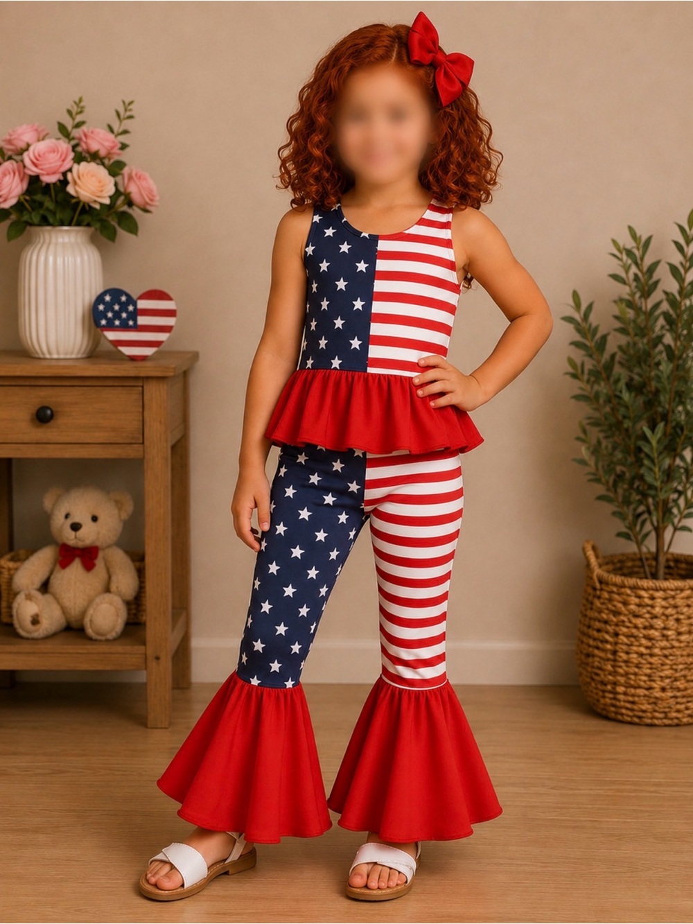 Girls Boutique Graphic USA 🇺🇸 Stars Strips Top & Bell Bottom Flare Pants